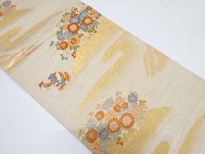 流水に霞・草花・鴛鴦模様織り出し袋帯